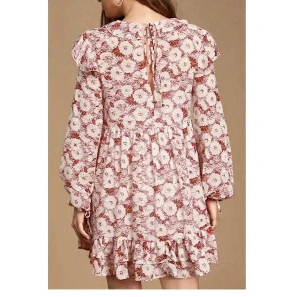 Free People Floral Mini Dress Small Red White Pleated Ruffle Hem Boho Festival